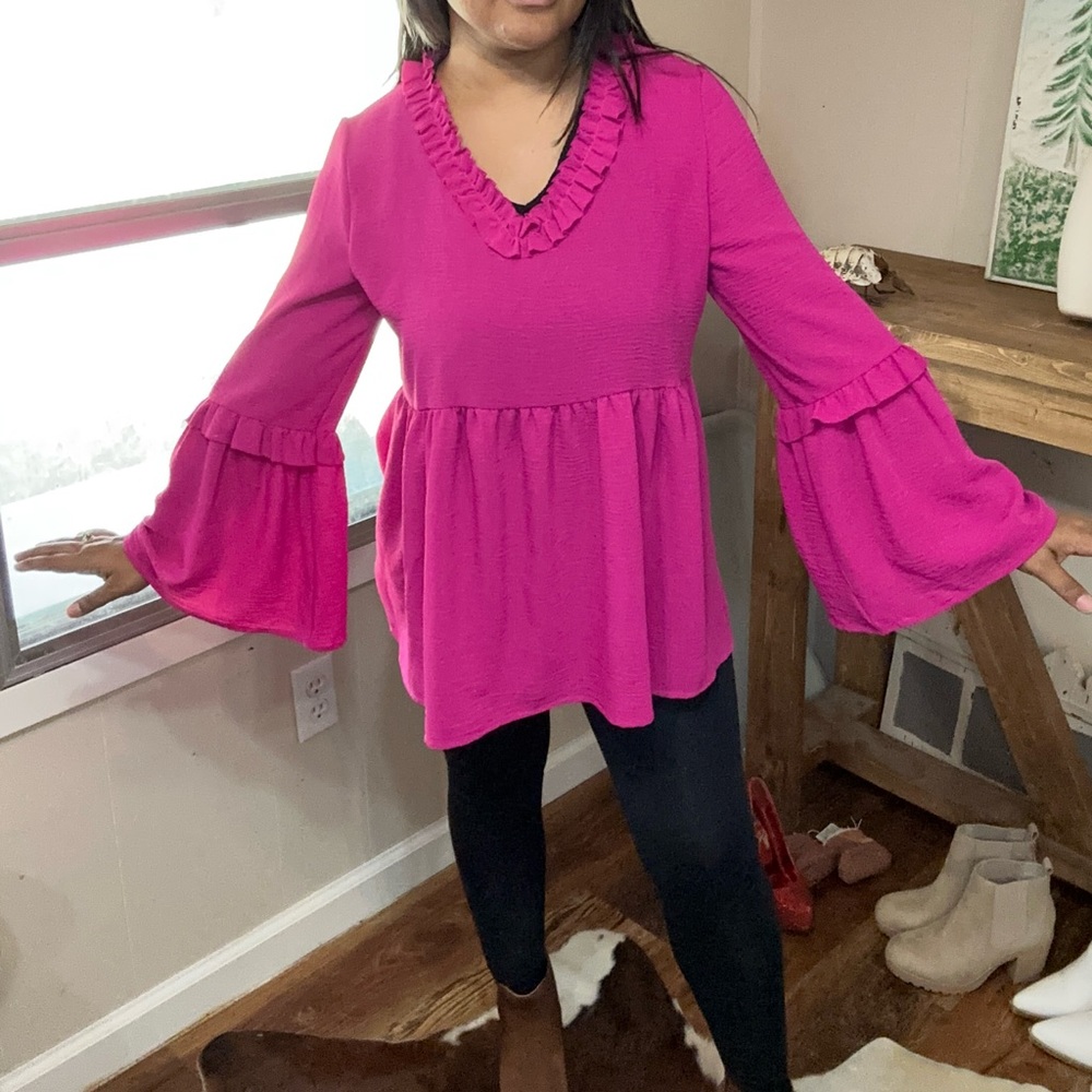 Hot Pink Bell Sleeve Blouse